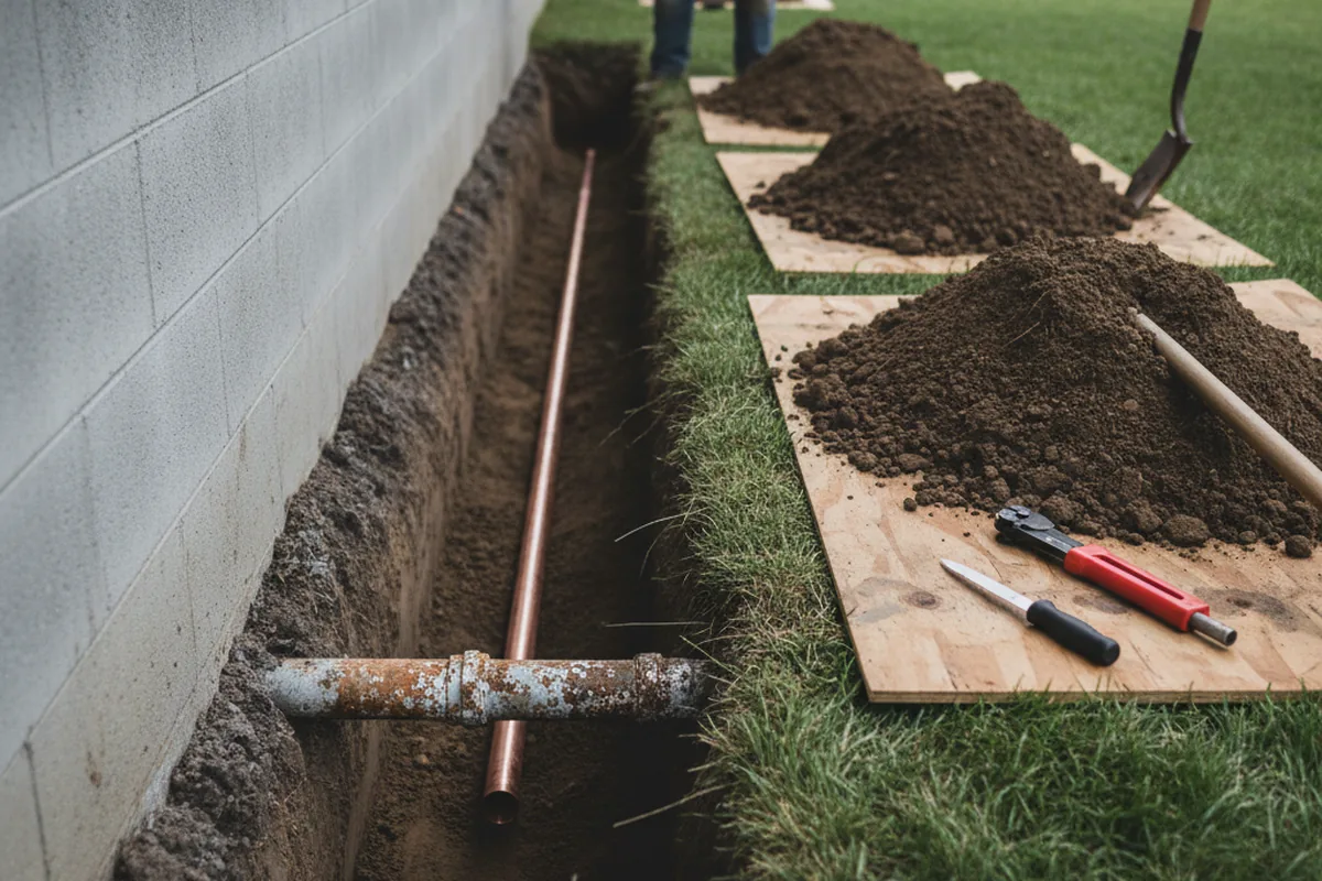 Excavated water line trench during Water Softener Installation in Clawson